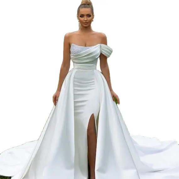 控えめなカスタムロングテールウェディングドレスVestido De Noviaは、ワイドスカートで非常に豪華にデザインされています