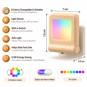 Veilleuse LED à brancher directement, capteur de lumière, changement de couleur, aspect bois, 0,5W, pour chambre et couloir - Product Image 3