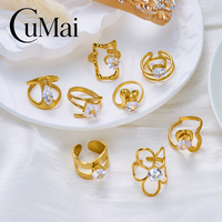 CUMAI Edelstahl Vergoldeter Zirkon-Ring Herz Geometrische Blume Welle Hohl Rechteckig Damen Verstellbarer Fingerschmuck