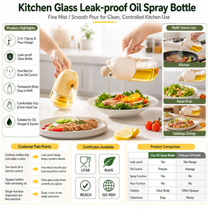 Bottiglia Spray per Olio d'Oliva in Vetro Personalizzabile, Grado Alimentare, OEM ODM, Antigoccia, Ricaricabile, Nebulizzatore per Cucina, Vendita all'Ingrosso - Product Image 1