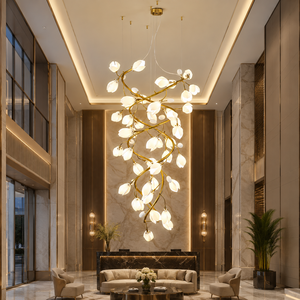 Lustre Moderne Personnalisé en Céramique Magnolia, Suspension en Métal Doré pour Villa, Duplex, Plafond Haut, Décoration de Hall - Product Image 3