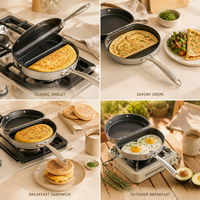 Poêle à œufs et riz pliable double face pour cuisson transfrontalière ; Poêle à frire multifonction antiadhésive en aluminium pour petit-déjeuner en extérieur