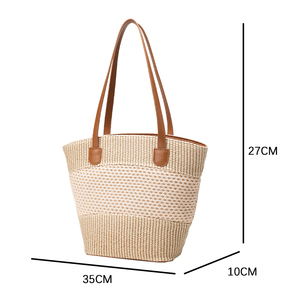 Sac fourre-tout en paille tressée grande capacité, sac à bandoulière avec fermeture éclair, sac seau pour la plage, les voyages et l'usage quotidien - Product Image 4