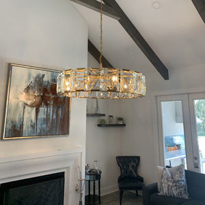 Lámpara colgante de cristal moderna con forma de tambor, cadena ajustable, candelabro circular para sala de estar, decoración de lujo para el hogar - Product Image 3