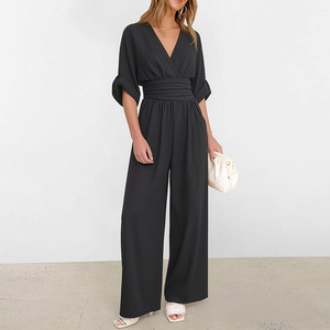Suzhou <span class=keywords><strong>VIVA</strong></span> VIXEN 2026 Mono casual de mujer con cuello en <span class=keywords><strong>V</strong></span> profundo, manga kimono, cintura ajustada y pierna ancha - Product Image 5