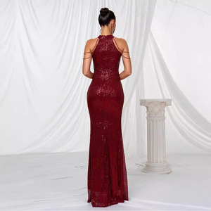 Halter Neck <b>Sequined</b> Bodycon Evening Gown Gold And Wine <b>Red</b> Solid Color Polyester Fiber Mid Waist Formal Dress - Product Image 4