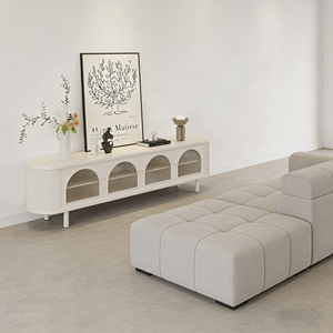 Meuble TV moderne blanc <span class=keywords><strong>2026</strong></span> avec portes en verre cintrées, <span class=keywords><strong>console</strong></span> multimédia style crème français pour salon, tables TV - Product Image 3