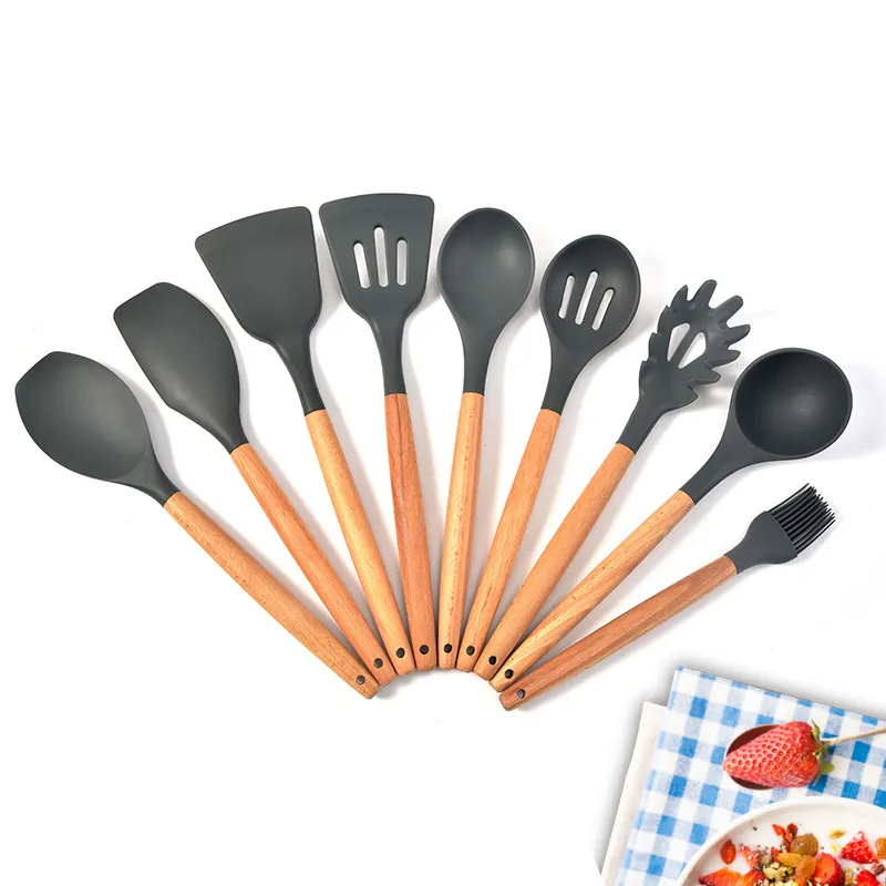 Amazon hot selling 9pcs beech wood handle silicone cookware set heat-resistant non-invasive pots and pans spoon and spatula set