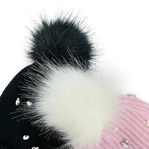 OEM Customize Popular Striped Fashion Warm Basic Pom Pom Beanie With Full Pearl With Stick Stone Knitted Beanie