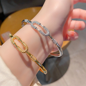 Geometric Zircon Plated <b>Copper</b> <b>Bracelet</b> Gold And White Women's Party Jewelry Micro Insert Design - Product Image 3