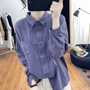 Caramel Cotton Linen Long Sleeve Shirt Women Loose Fit Pocket Design Spring Autumn Casual Top - Product Image 5