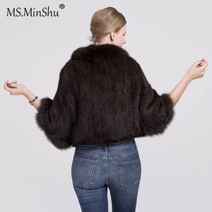MWfur Frauen gestrickt weiß Nerz Pelz Hochzeit Poncho Jacke Fox Pelz Kragen getrimmt Nerz Pelz <span class=keywords><strong>Cape</strong></span> für Dame - Product Image 6