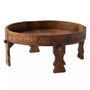 Tavolino da Caffè Rotondo in Legno Massello Intagliato a Mano - <span class=keywords><strong>Tavolo</strong></span> d'Appoggio in Stile Marocchino Vintage con Intricate Decorazioni Floreali per Soggiorno - Product Image 1