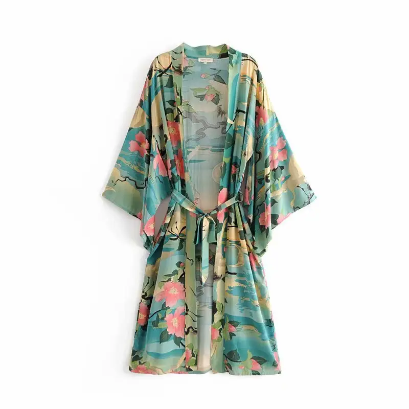QZ817 Spring Women Vintage Lotus Crane Print Belt Slim Kimono Dress Retro Casual BOHO Outwear Clothing