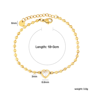Wholesale 18K <b>Gold</b> Plated Stainless Steel <b>Beaded</b> Chain <b>Bracelet</b> Heart Cubic Zirconia Charm Adjustable Link <b>Bracelet</b> - Product Image 2