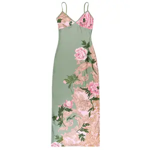 Vestidos casuais femininos com estampa floral verde, vestido elegante boêmio para mulheres