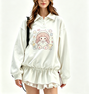 Sudadera de Mujer de Manga Larga con Estampado de Dibujos Animados Kawaii, <span class=keywords><strong>Cuello</strong></span> Tipo <span class=keywords><strong>Polo</strong></span> de Algodón Suave, Cintura Elástica con Volantes y Capucha - Product Image 5