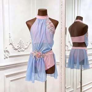 Traje de Danza Contemporánea Rosa y Azul con Cuello Halter y Pedrería para Niñas, Ideal para Competencias y Presentaciones - Product Image 3