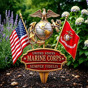 Plaque décorative en pin TJ Marine Corps avec drapeaux et globe, motif dessin animé pour affichage extérieur dans le jardin - Product Image 1