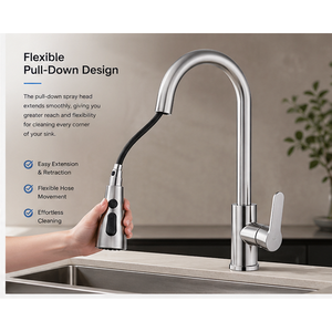 Robinet de <span class=keywords><strong>cuisine</strong></span> en acier inoxydable 304, montage sur plan, finition chrome brossé, <span class=keywords><strong>mitigeur</strong></span> d'évier extractible eau chaude et froide - Product Image 3
