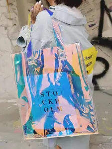 Bolso de PVC con logotipo personalizado, bolsa de compras transparente, impermeable, con cremallera y bolsillo