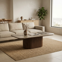 Table basse moderne à base cannelée, plateau en pierre frittée, placage en noyer MDF, rectangulaire, coins arrondis, pour salon ou restaurant