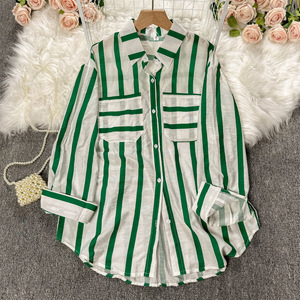 Diskon besar musim gugur baru mantel garis vertikal panjang kemeja wanita Korea kasual kerah longgar serbaguna blus wanita 2024 - Product Image 4