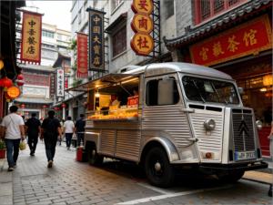Camionnette alimentaire électrique rétro personnalisée Citroën avec cuiseur vapeur commercial en acier inoxydable pour bonbons et dim sum dans Chinatown - Product Image 1
