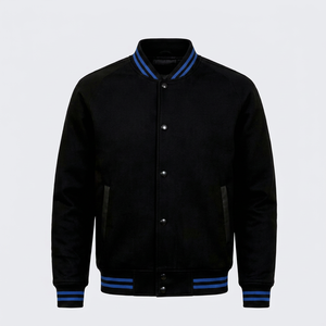 Men's Varsity Jacket Black <b>Blue</b> Trim Stand Collar Front Logo Regular Fit Button Closure Casual Winter Windproof Polyester Shell - Product Image 1