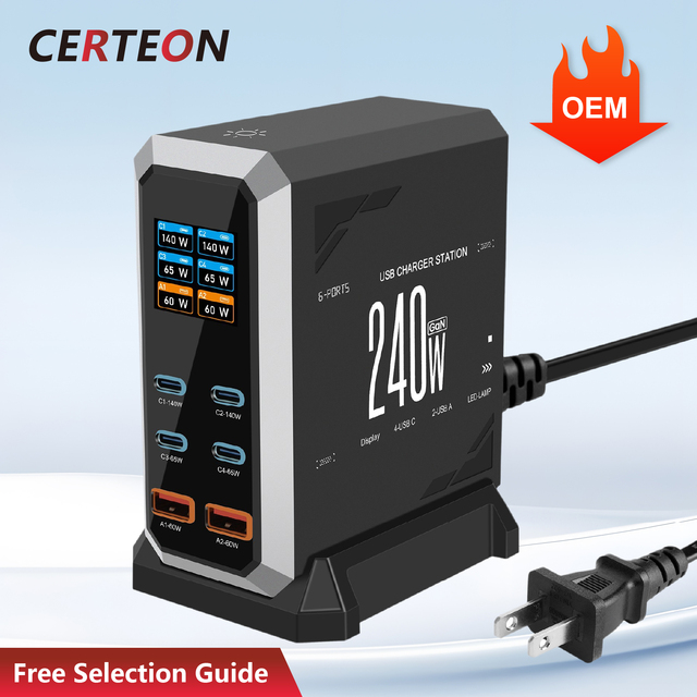 240W GaN Laptop Charger Desktop Charging Station 6 Port USB C PD3.1 140W Fast Charging Dock 4 USB C 2 USB A Multi Device Power