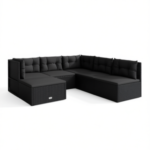 Ensemble de salon de jardin en polyrotin noir 6 pièces avec coussins, mobilier d'extérieur design contemporain - Product Image 1