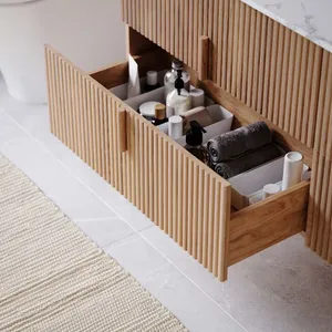 Mueble de Baño Vertical Estilo Japandi con Ranuras, Gabinete de Baño Colgante de Roble Natural con <span class=keywords><strong>Cajones</strong></span> de Almacenamiento Divididos <span class=keywords><strong>para</strong></span> Proyectos de Villas - Product Image 3