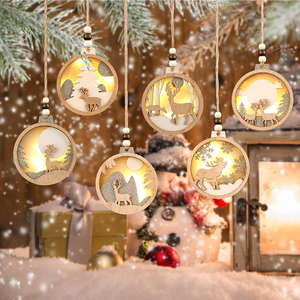 Juego de adornos rústicos de granja de Navidad LED 3D para decoraciones de árboles de Navidad, adornos colgantes de madera de reno con purpurina - Product Image 6