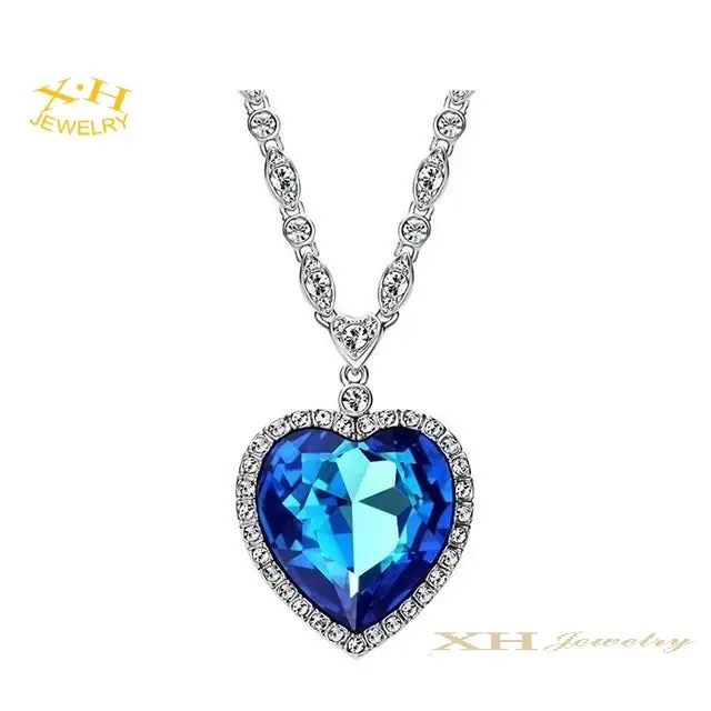 Valentijnsdag Geschenk Mode-sieraden Oostenrijk Blue Sapphire Crystal Hartvorm Charme Hanger Ketting