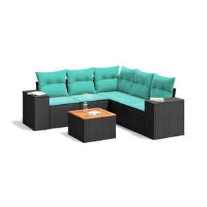 Conjunto de Sofás para Patio de 6 Piezas, Ratán Sintético Negro con Cojines, Solución de Almacenamiento para Exteriores, Forma Rectangular, Tipo de Pie - Product Image 1