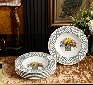 <b>Green</b> Lattice Fruit Pattern Ceramic Soup Plate Set 6 Pieces For Salad Pasta And Soups - Product Image 5