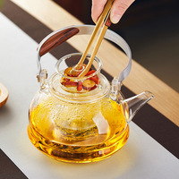 Bouilloire en verre borosilicaté de style japonais théière à manche en bois infuseur amovible théière en verre résistant à la chaleur avec manche en bois