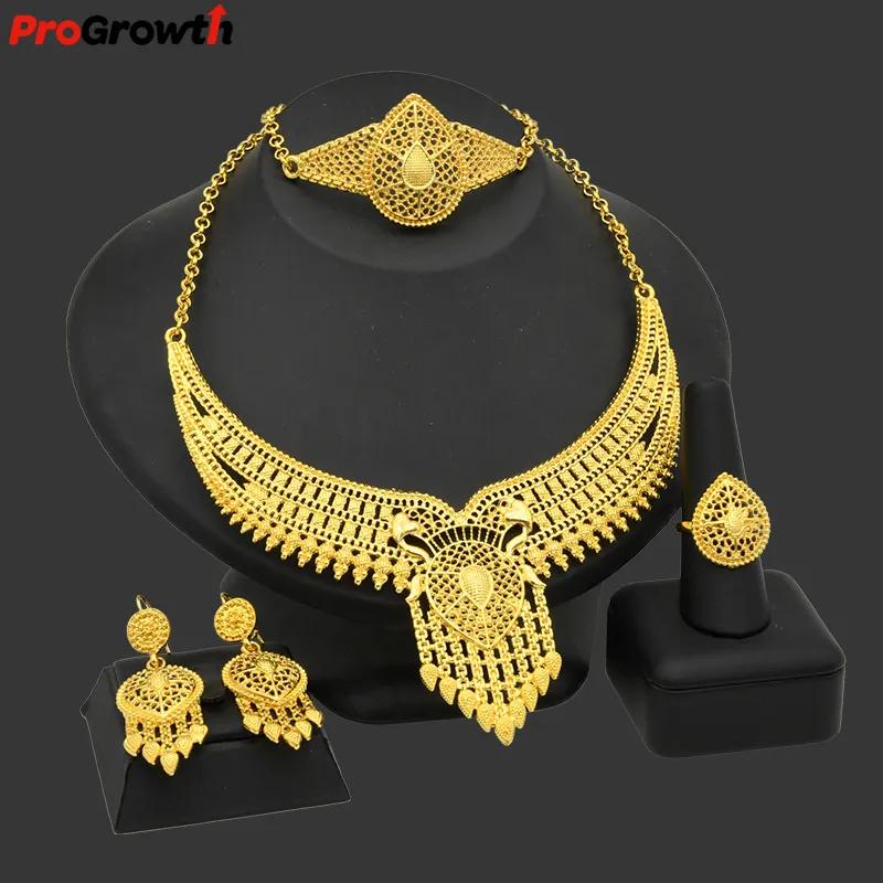 24K Gold Plated Arab Women Bride Necklace Earrings Ring Bracelet Indian Jewelry Set Design Cuff Bangle Wedding Party Accessories