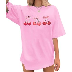 Camiseta Oversize de Algodón con Estampado Gráfico de Lazo Rosa Cereza para Mujer FOXA, Top Transpirable de Jersey - Product Image 1