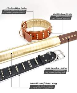 Collar para mascotas con pinchos de cuero genuino hecho a mano de primera calidad Collar de perro de cuero resistente de 2,2 pulgadas de ancho - Product Image 4