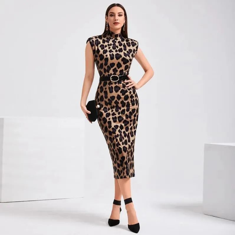 Drop shipping summer dress Leopard Print Shoulder Pad Split Other sexy Bodycon Dress women