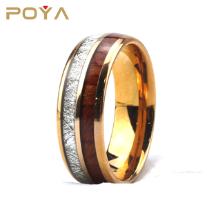 Poya — anneau en tungstène plaqué or de 8mm avec <span class=keywords><strong>bois</strong></span> Koa, incrustation de météorite imitée - Product Image 2