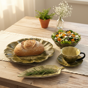 Juego de Vajilla de Cerámica Verde Negruzca Pintado a Mano, Platos y Tazones Personalizados con Flores Verdes Coloridas, Juego de Cena de Cerámica - Product Image 4