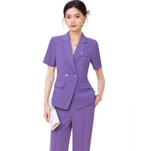 Women's Green Suit Set Short Sleeve Blazer Wide Leg Pants Two Piece Formal Work Attire Anti Wrinkle Solid Color Polyester - Product Image 5