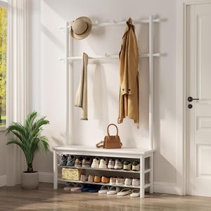 Moderno perchero blanco de estilo mid-century moderno con 11 ganchos, estantes de almacenamiento de 2 niveles, banco de madera 3 en 1 <span class=keywords><strong>para</strong></span> <span class=keywords><strong>recibidor</strong></span> y zapatero de sala de estar - Product Image 1