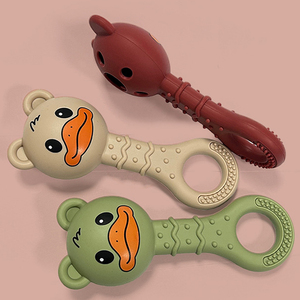 Jouets de dentition en silicone colorés en forme de canard avec anneau de maintien pour bébés, anneaux de dentition souples en caoutchouc à mâcher en jaune, vert, beige, rose - Product Image 4