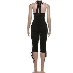 Viviblook Z1222ST03 Women Sexy Set Deep V-Neck Halter Vest Pleated <b>Lace</b> Up Tank <b>Top</b> Cropped Pants Two Piece Set - Product Image 4