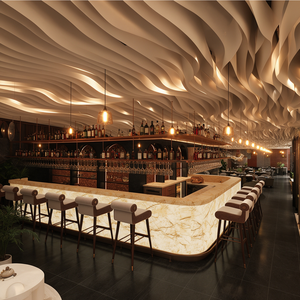 Projet de design d'intérieur de bar de restaurant moderne et luxueux sur mesure |   Comptoir de bar en marbre avec plafond ondulé, sièges en bois de noyer foncé - Product Image 2