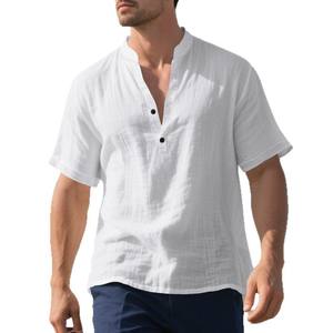 Chemise d'été pour homme en lin à manches courtes, col montant, boutonnée, coupe ample, décontractée, respirante, couleur unie, grande taille - Product Image 6