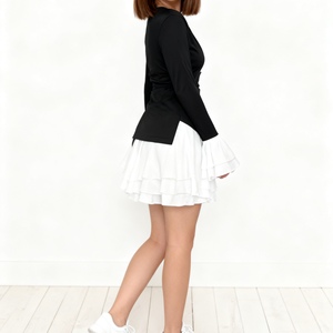 ชุดเดรสผู้หญิงดีไซน์หรูหรา แขนยาว ตกแต่งผ้าต่อสีสันสดใส พร้อมชายกระโปรงระบายแฟชั่น - Product Image 2